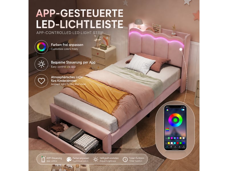  Lit enfant rembourré 90 x 200 cm, tiroir au pied, tête de lit ondulée avec tablette et led connectée, rose evarich - Conforama D