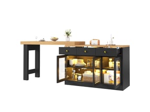 Table extensible avec 3 tiroirs, 3 portes vitrées et éclairage led rgb pour cuisine et salle à manger en mdf noir