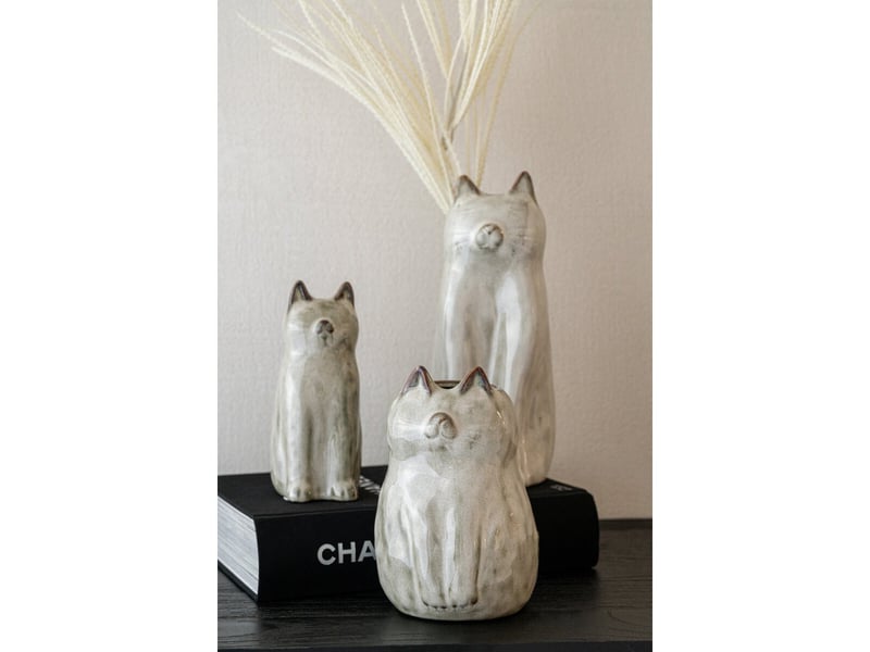  Vase design en porcelaine chat 26cm gris vert  - Conforama E