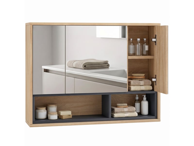  Meuble salle de bain avec miroir, armoire toilettes murale avec placards à 3 portes et 8 compartiments, chêne  - Conforama A