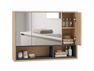 Meuble salle de bain avec miroir, armoire toilettes murale avec placards à 3 portes et 8 compartiments, chêne