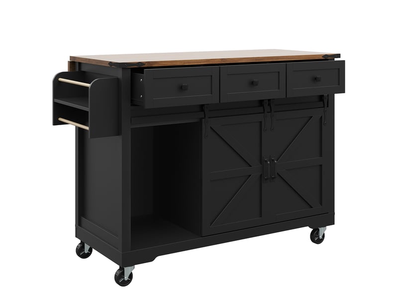  Îlot de cuisine noir avec plateau extensible, chariot sur roulettes avec 2 portes coulissantes et 3 tiroirs, meuble de rangement, 140cm.  - Conforama W
