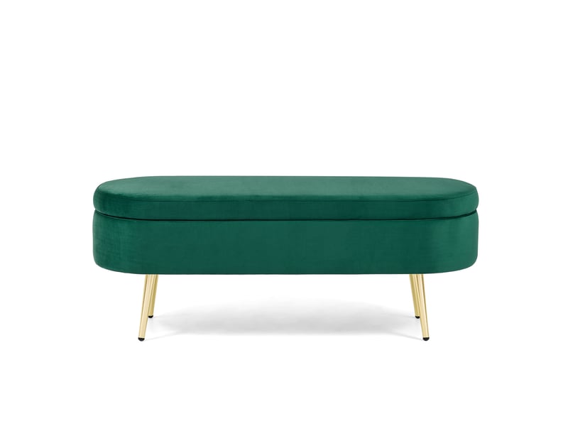  Banc coffre de rangement 110x40x42 cm en velours avec pieds en métal – bout de lit capitonné ovale avec coffre 20l à vérin hydraulique – banc d'entrée et salon – vert foncé  - Conforama A