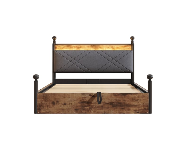  Lit baldaquin 140x190cm, lit coffre, lit modulable, recharge, led, dossier en mousse, fer, mdf, noir, motif bois  - Conforama E