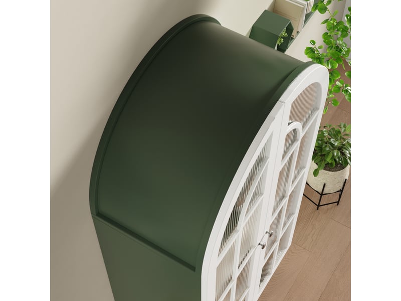  2pcs vitrine haute arche-armoire vitrine verre cannelé campagne-3 niveaux portes doubles esprit montmartre-76x38,5x165-vert foncé  - Conforama D