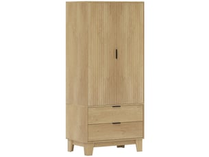 Armoire chambre penderie avec 2 portes à fermeture douce, 2 tiroirs et barre de suspension, 80x50x180cm, bois naturel