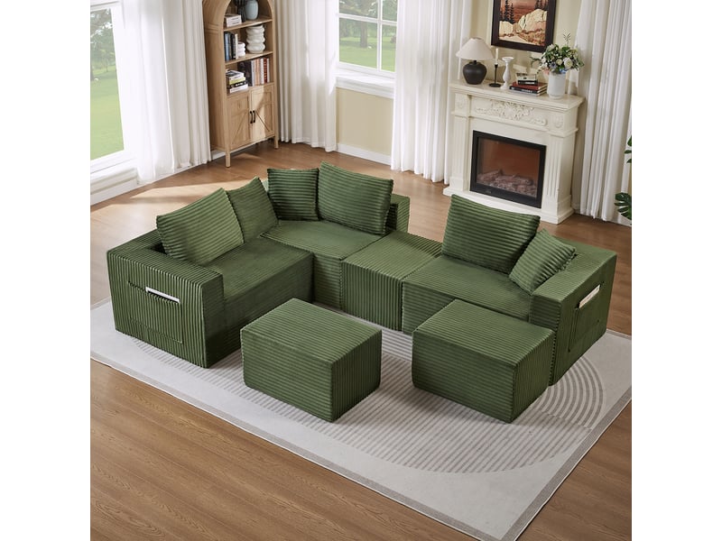  Canapé modulable 6 places en velours côtelé vert, assise souple et composition flexible IKSETERA TRADING LTD - Conforama E