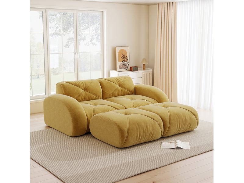 Canapé modulable 2 places 204x171x76 cm, sans cadre, sans montage, 2 poufs, revêtement en chenille, jaune - Conforama D