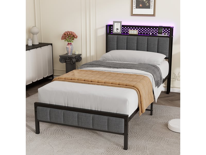  Lit simple en métal 90x200 cm avec rangement et usb noir  - Conforama D