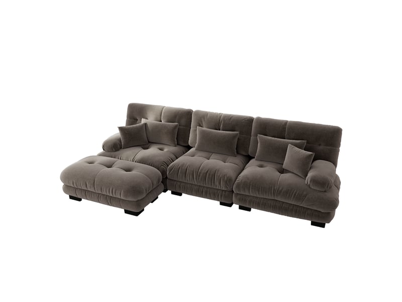 Canapé d'angle modulaire avec ottoman et coussins lombaires, style vintage, en chenille marron - Conforama A