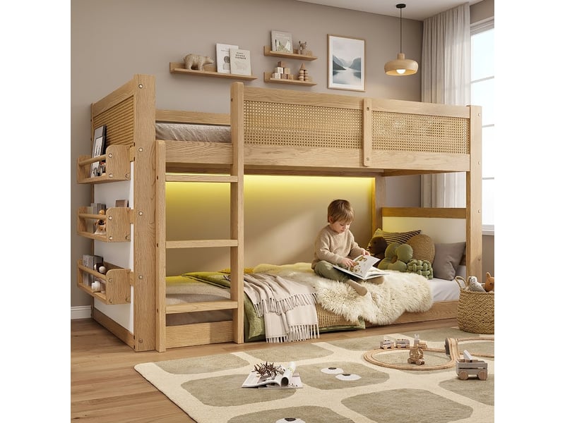  Lit mezzanine enfant en bois 90x200 cm avec led escalier,3 marches ,3 niches ,garde corps,rotin synthétique blanc+naturel BUBBLY - Conforama B