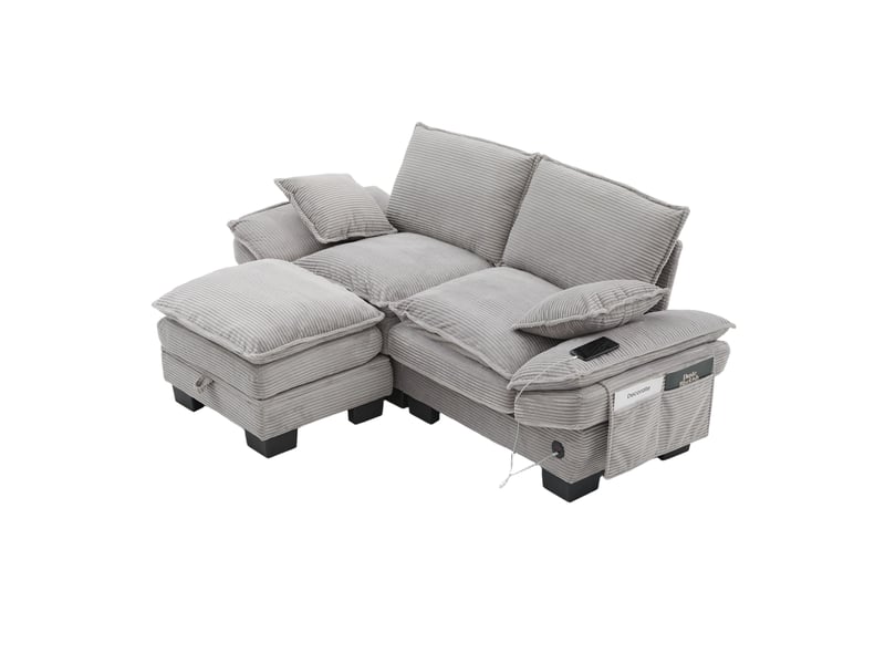  Canapé 2 places en velours côtelé gris clair avec pouf de rangement et usb-c  - Conforama A