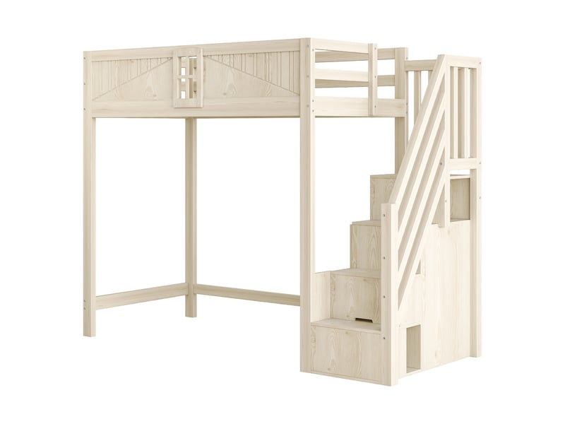 Lit mezzanine enfant 90x200 cm, barrière avec fenêtre, échelle réversible avec rangement latéral, pin, contreplaqué et mdf, effet bois OMNIGLINT TRADING LTD - Conforama A