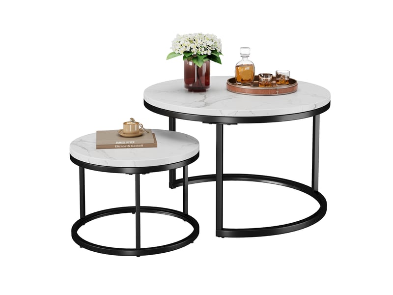  Tables basses gigognes ulevr rondes 2 pièces, rangement emboîtable, 70 x 70 x 45 cm, mdf effet marbre blanc et métal doré  - Conforama A