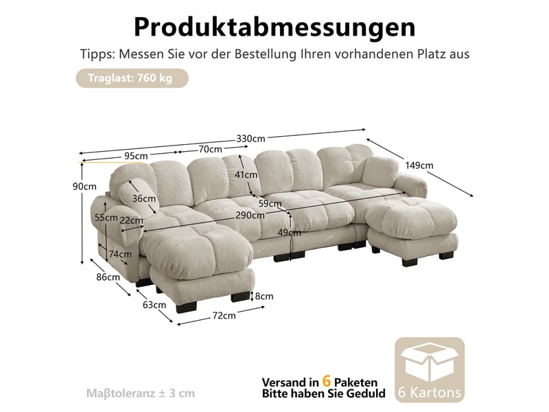 Canapé modulable 4 places 330 cm canapé droit en tissu chenille avec 2 pouf mobile, design matelassé, coussins épais, dossier ergonomique, kaki clair Seren Glow - Conforama C
