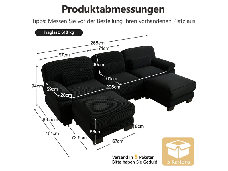  Canapé modulable en u 3 places 265x 161x 94 cm, coussins lombaires, assise profonde, 2 poufs, en velours côtelé, noir  - Conforama C