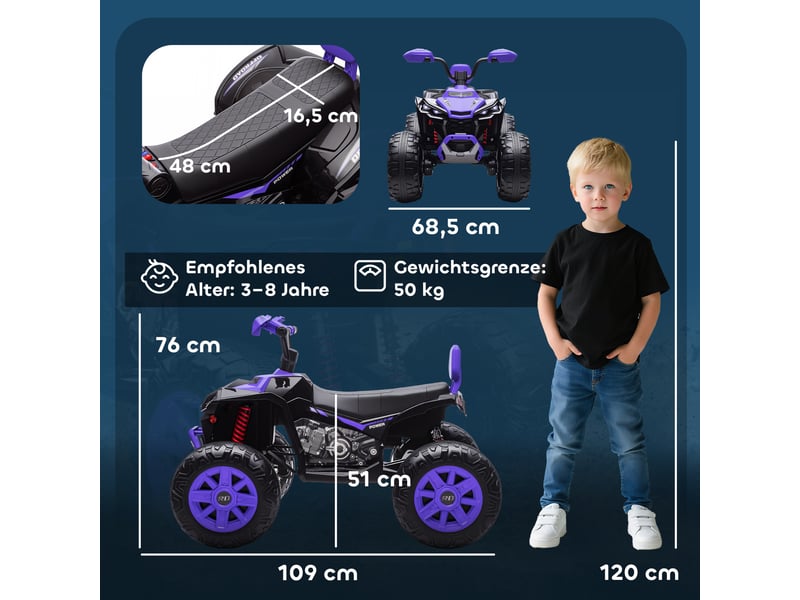 Quad électrique pour enfants, véhicule électrique 24 v à 4 roues, phares, port usb, fonction mp3, vitesse de 6,5 kmh, 3-8 ans - Conforama E