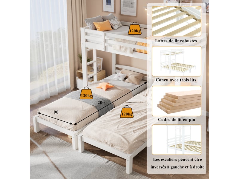 Lit superposé triple avec échelle latérale pour enfants et adolescents, blanc (90x200cm) - Conforama E