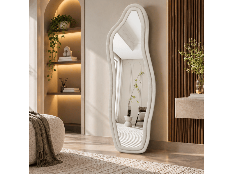  Miroir sur pied 140 x 45 cm, miroir sur pied incurvé au cadre en alliage d’aluminium, idéal pour chambre, dressing, salon–design moderne, blanc  - Conforama B