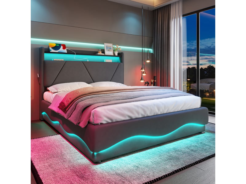 Lit coffre 140x200 cm rembourré avec rangement hydraulique, tête de lit avec étagères, LED, USB et Type-C Fay Lum - Conforama E