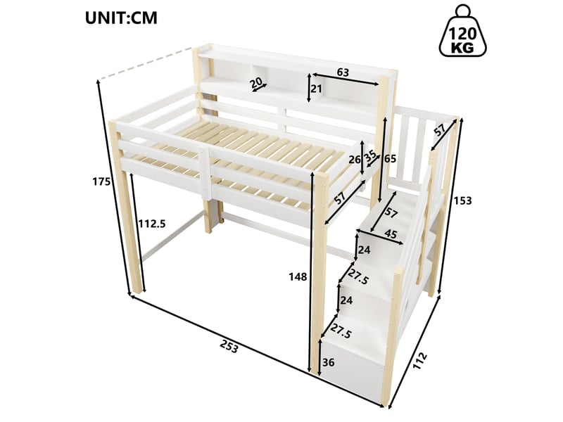  Lit superposé 90x200 cm, lit enfant, rangement, échelle sécurisée, led, bois de pin blanc et naturel  - Conforama B