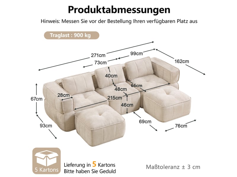 Canapé modulaire en u 3 places avec 2 poufs, assise profonde et mousse 32d, en polyester beige, 271 × 162 × 67 cm - Conforama C