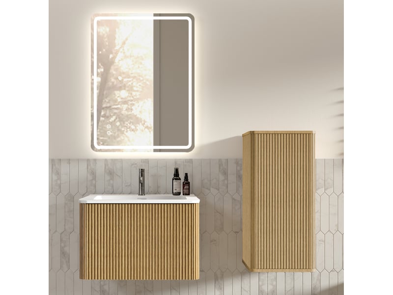  Meuble de salle de bains 60 cm avec miroir led, mdf, coloris chêne  - Conforama B
