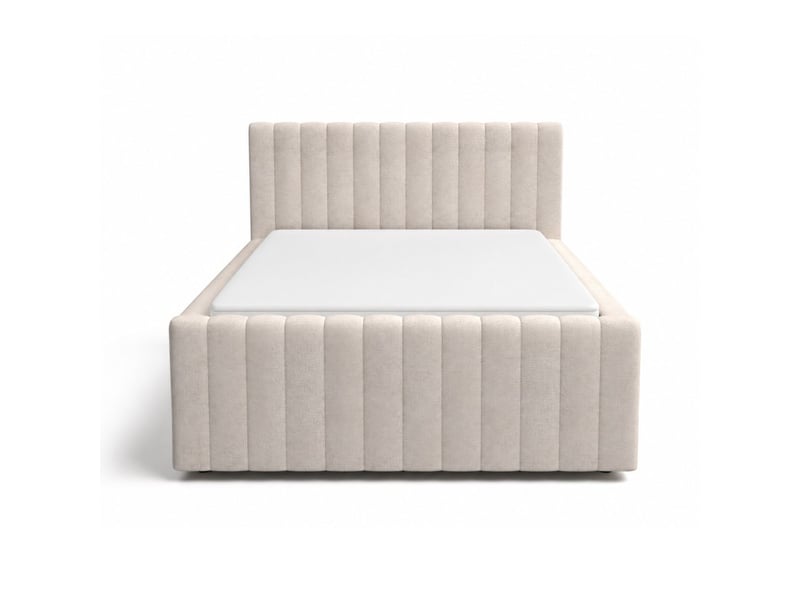  Lit coffre eloria 120x200 en tissu bouclé beige avec tête de lit capitonnée et sommier inclus  - Conforama D