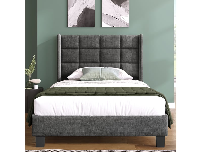  Modenvie lit 1 place 90x200 cm - tête de lit rembourrée, sommier inclus, sans matelas - gris  - Conforama D