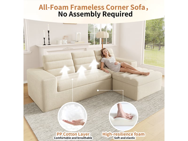  Canapé d'angle modulable 4 places en velours côtelé beige sans armature  - Conforama D