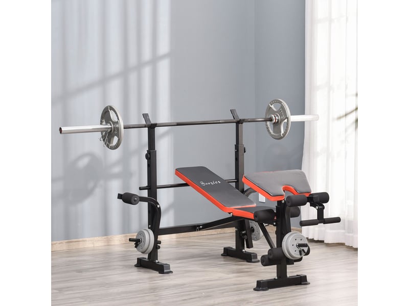  Banc musculation multifonctionnel, dossier réglable, support haltères, extension jambes, pupitre biceps, papillon, sallebureau, noir.  - Conforama D