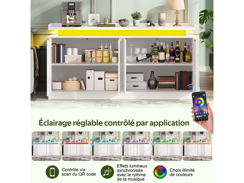  Buffet blanc 4 portes avec éclairage led rgb 160 cm en mdf  - Conforama B
