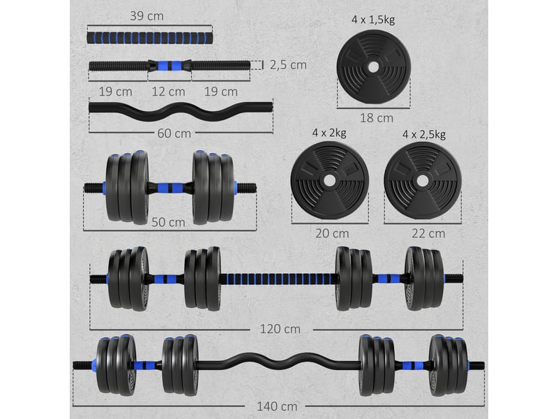  Kit haltères musculation haltères réglables 25 kg 3 en 1, ensemble de poids réglable avec barre d'extension bleu  - Conforama E