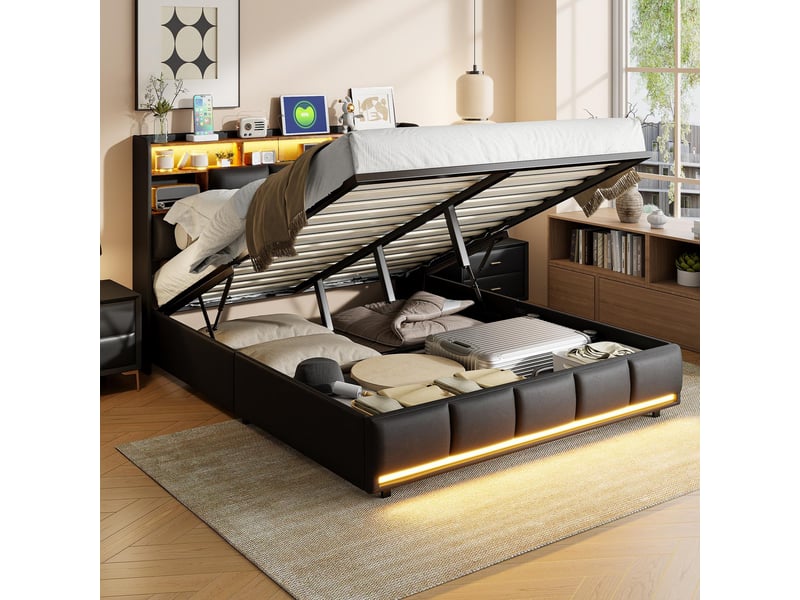  Lit coffre 140x190cm - lit double 140x190 avec sommier relevable hydraulique, tête de lit led, rangement, prises - noir  - Conforama C