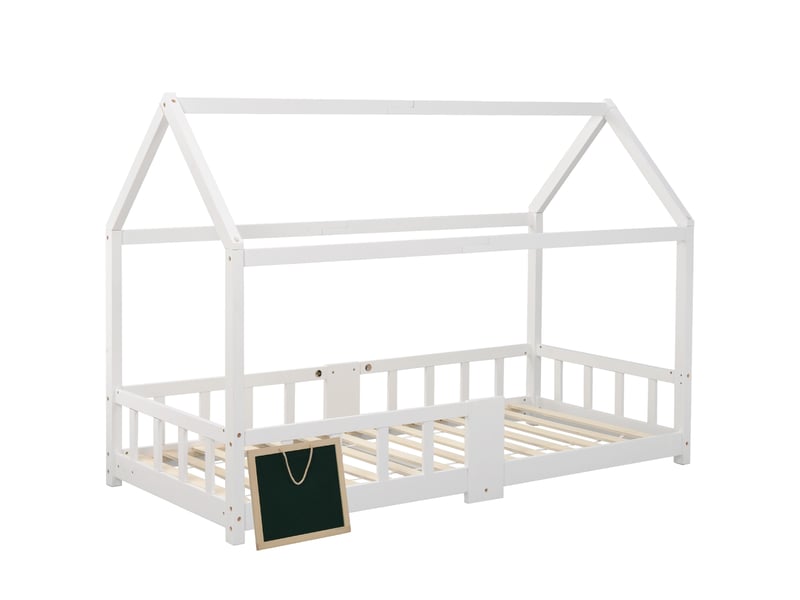  Lit cabane enfant en pin blanc, 90 × 200 cm, avec tableau, sommier à lattes et barrière de sécurité  - Conforama E