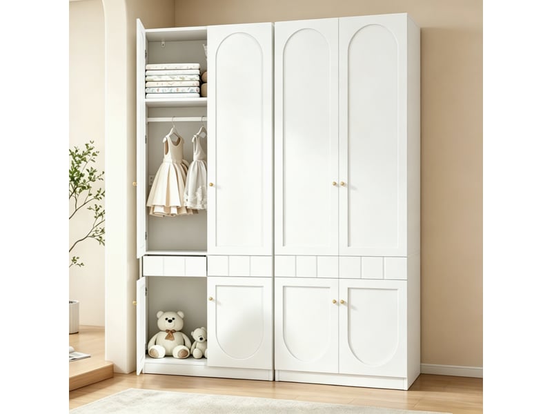 Armoire de rangement - lot de 2 - avec tringle et tiroirs 160×50×200 cm poignées en métal meubles de chambre blanc BUBBLY - Conforama C