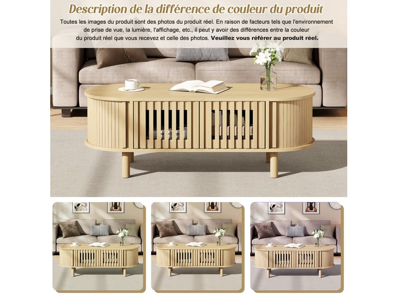  Table basse ovale 100 x 40 x 38 cm – naturel – rangement avec portes à lamelles et rideau coulissant  - Conforama E