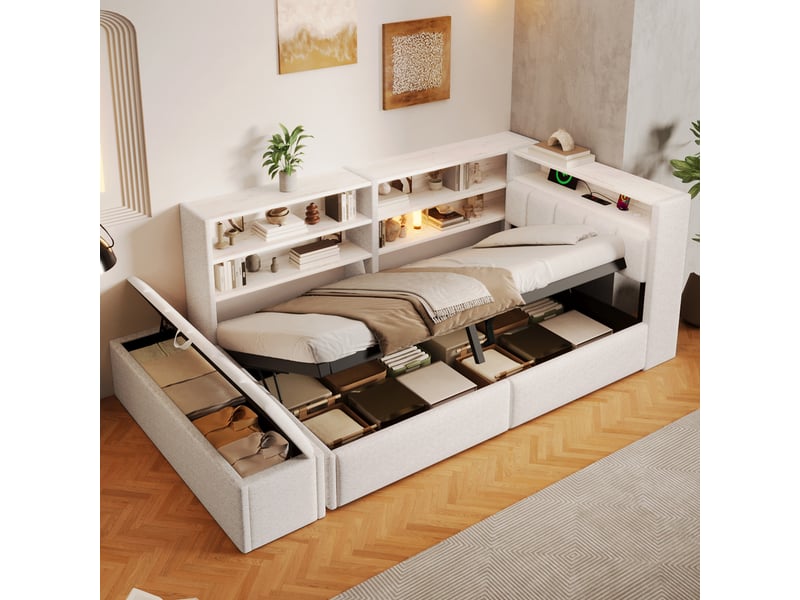  Lit banquette coffre rembourré 90x200 cm, rangement hydraulique, banc coffre mobile, meuble latéral réversible, led rgb, usb-ac, velours blanc Radiant Stride - Conforama B