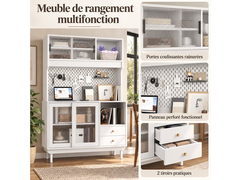  Buffet de cuisine meuble 120x50x170cm, avec portes coulissantes en verre et 2 tiroirs,rangement généreux buffet salon,blanc  - Conforama B