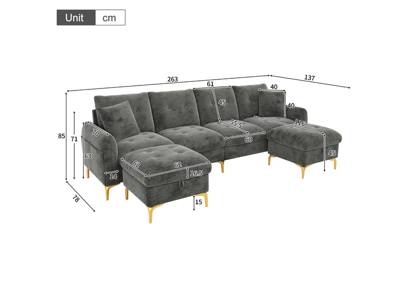 Canapé d'angle modulable convertible 4 places en tissu gris en u avec 2 poufs de rangement pour votre salon - Conforama C