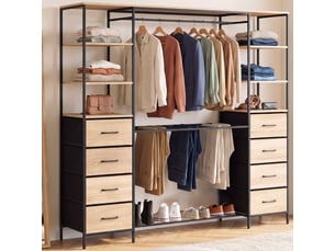 Dressing double xxl utah 180 cm avec porte pantalons, étagères, bacs en tissu et porte chaussures bois et noir