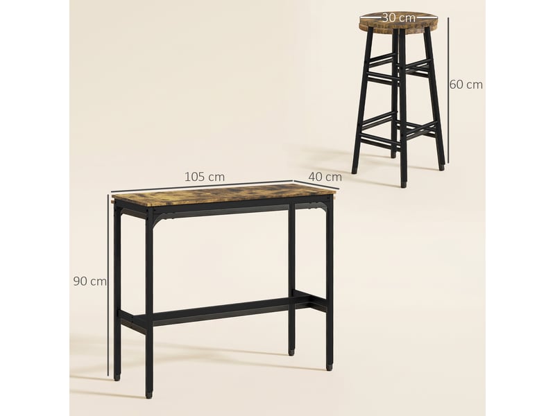  Ensemble table haute et 2 tabourets de bar avec repose-pieds, style industriel, noir et marron  - Conforama E