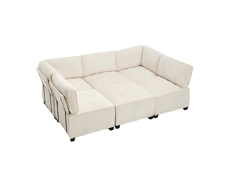  Canapé modulable 6 places 308 cm velours côtelé beige ul convertible lit rangement bois métal  - Conforama E