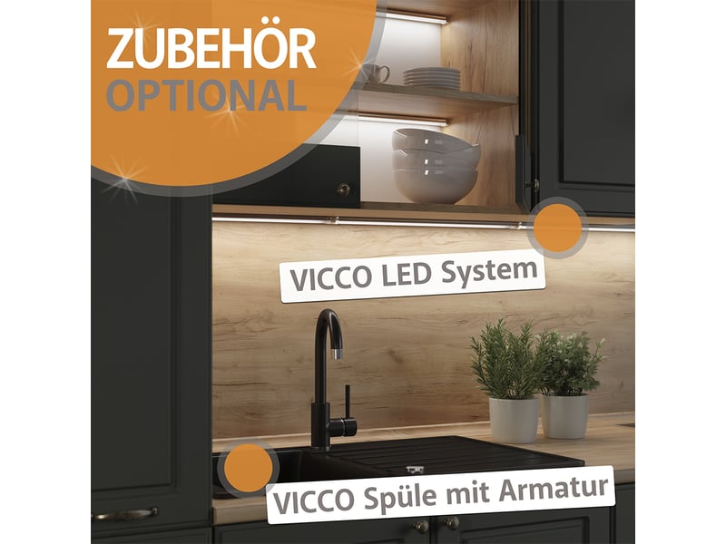  Vicco meuble cuisine, noir haute brillanceblanc, 100cm plan de travail chêne doré  - Conforama E