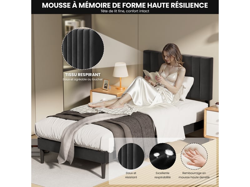  Lit 90 x 200 avec sommier,cadre de lit en métal robuste et durable, lattes en bois,lin noir  - Conforama B