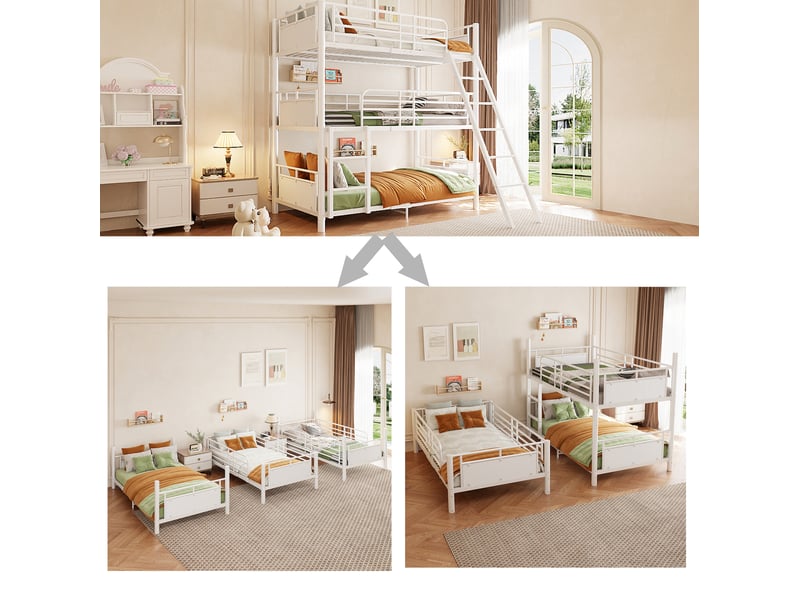  Lit superposé triple 3x90x200 cm 3 couchages, design démontable, métal 2 échelles, garde-corps blanc sans matelas  - Conforama D