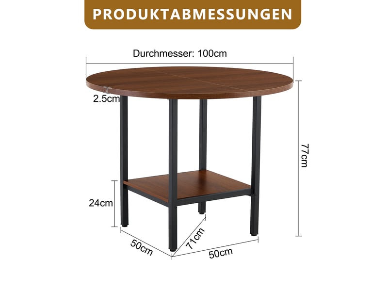  Table de salle à manger ronde, 100x100x77 cm, moderne espace de rangement, plateau mdf, piètement métal, coloris noyer  - Conforama C