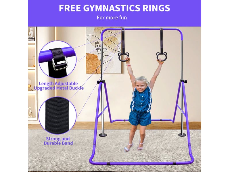 Barre de gymnastique enfant réglable 99,06x144,78x129,54 cm – violette – anneaux et pliable pour rangement - Conforama E