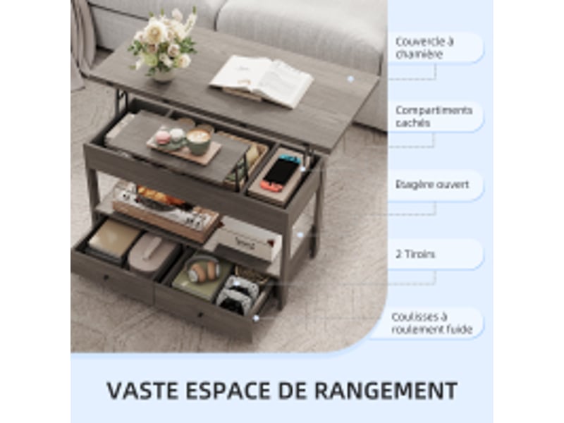  Table basse havenlyhome, table de salon avec plateau relevable pliant, 2 tiroirs, rangement ouvert et compartiment caché, 50 x 100 x 52 à 68 cm, marron rustique  - Conforama D