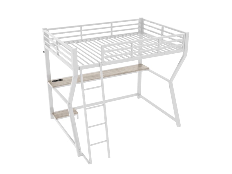  Lit superposé 90x200 cm blanc, leds, bureau intégré, console pc, usb, garde-corps et escalier - sans matelas  - Conforama A